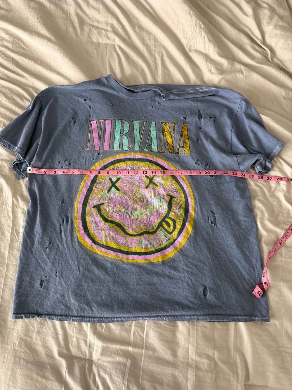 NIRVANA Blue Short Sleeve Tee with Multicolor Smiley